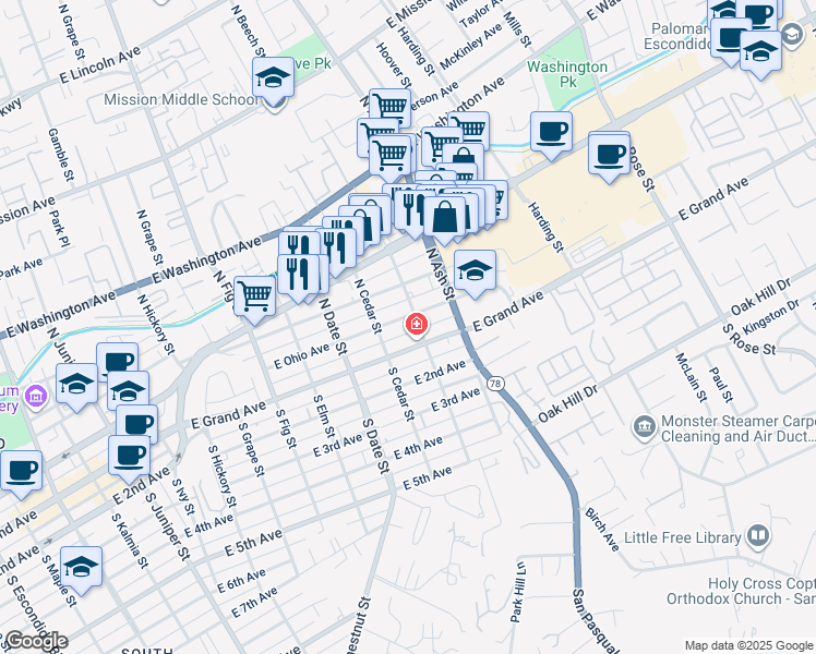 map of restaurants, bars, coffee shops, grocery stores, and more near 141 North Beech Street in Escondido