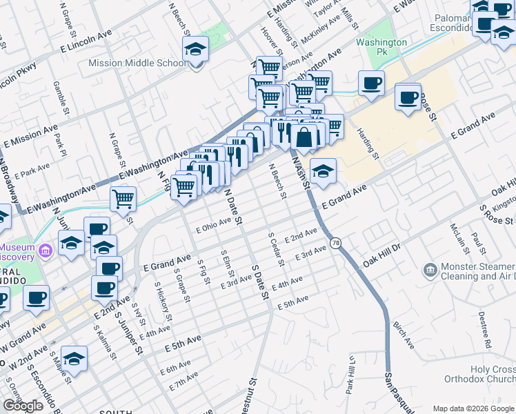 map of restaurants, bars, coffee shops, grocery stores, and more near 1004 East Ohio Avenue in Escondido