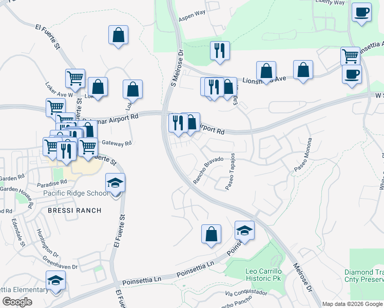 map of restaurants, bars, coffee shops, grocery stores, and more near 6180 Citracado Circle in Carlsbad