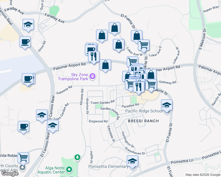 map of restaurants, bars, coffee shops, grocery stores, and more near 6211 Dartington Way in Carlsbad