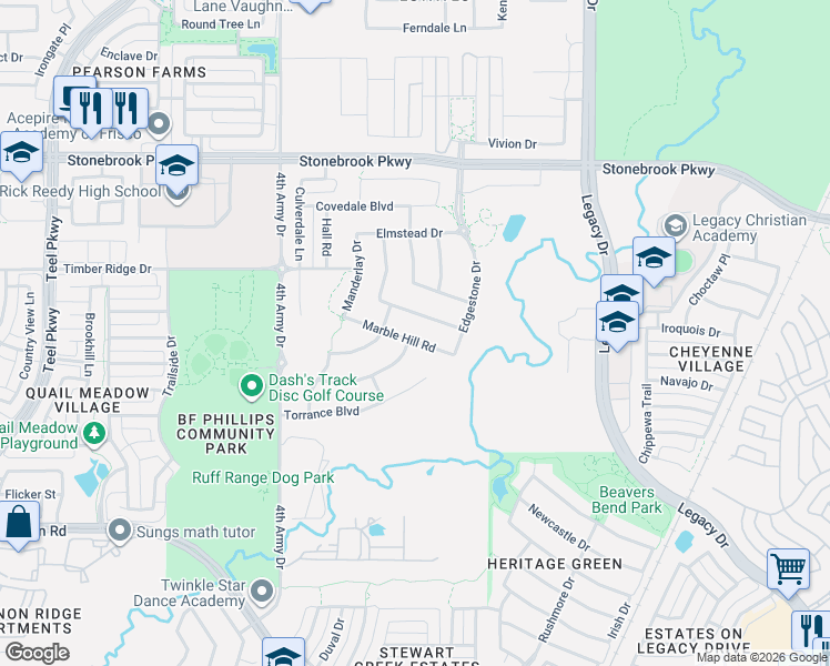 map of restaurants, bars, coffee shops, grocery stores, and more near 3945 Ladera Heights Boulevard in Frisco