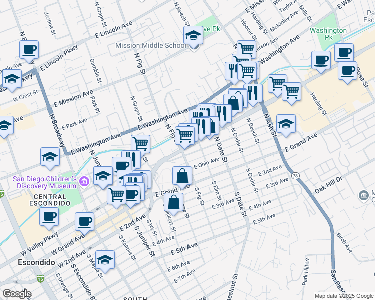 map of restaurants, bars, coffee shops, grocery stores, and more near 713 Valley Parkway in Escondido