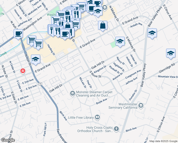 map of restaurants, bars, coffee shops, grocery stores, and more near 501 South Rose Street in Escondido