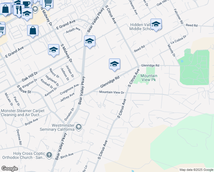 map of restaurants, bars, coffee shops, grocery stores, and more near 2113 Glenridge Road in Escondido