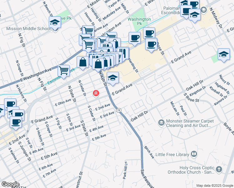 map of restaurants, bars, coffee shops, grocery stores, and more near 1235 East Grand Avenue in Escondido