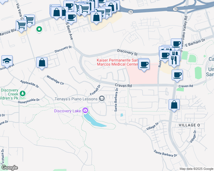 map of restaurants, bars, coffee shops, grocery stores, and more near 412 Craven Road in San Marcos