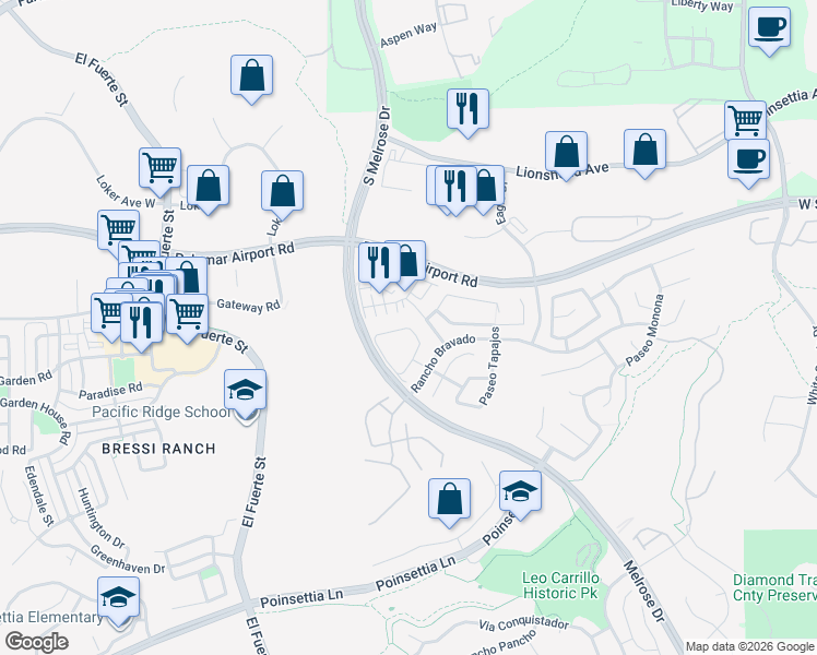 map of restaurants, bars, coffee shops, grocery stores, and more near 6180 Citracado Circle in Carlsbad