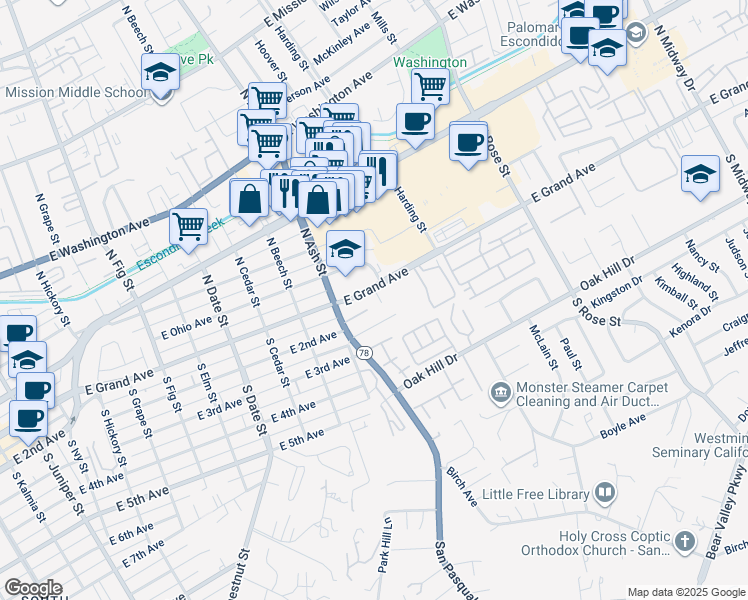 map of restaurants, bars, coffee shops, grocery stores, and more near 1257 East Grand Avenue in Escondido