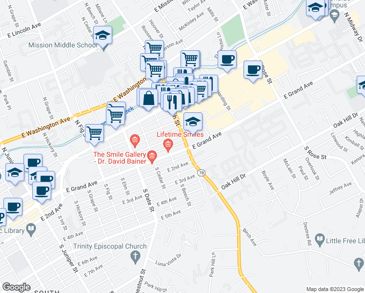map of restaurants, bars, coffee shops, grocery stores, and more near 1152 East Grand Avenue in Escondido