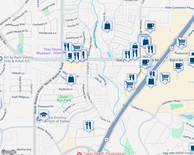 map of restaurants, bars, coffee shops, grocery stores, and more near 1838 Villa Drive in Allen