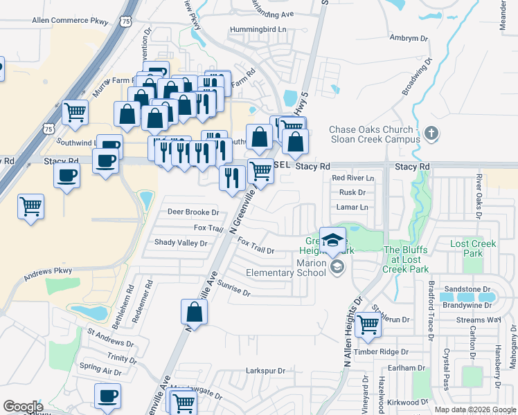 map of restaurants, bars, coffee shops, grocery stores, and more near MJ Brown Street in Allen
