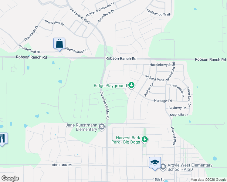 map of restaurants, bars, coffee shops, grocery stores, and more near Robson Ranch Road in Denton