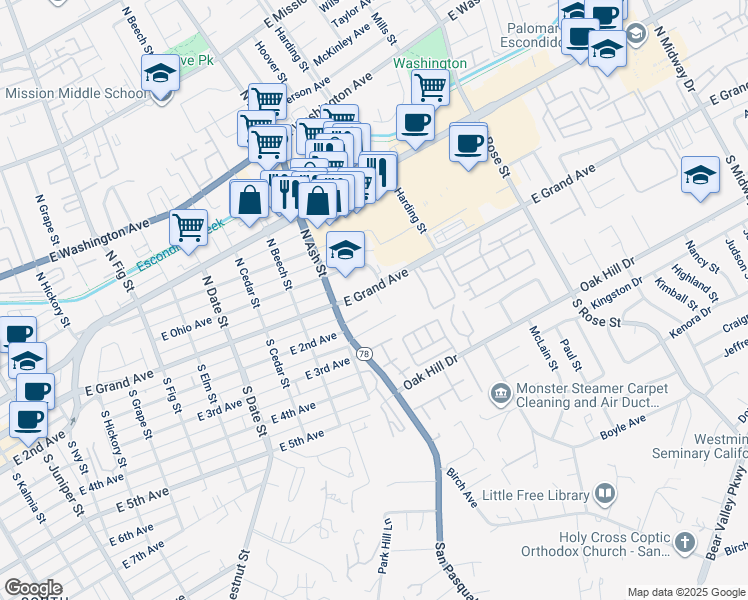 map of restaurants, bars, coffee shops, grocery stores, and more near 1257 East Grand Avenue in Escondido