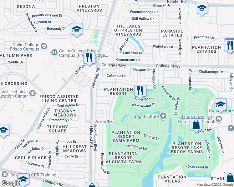 map of restaurants, bars, coffee shops, grocery stores, and more near 5906 Charleston Drive in Frisco