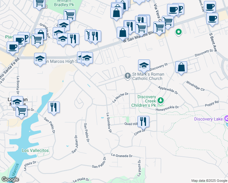 map of restaurants, bars, coffee shops, grocery stores, and more near 1261 Granada Way in San Marcos