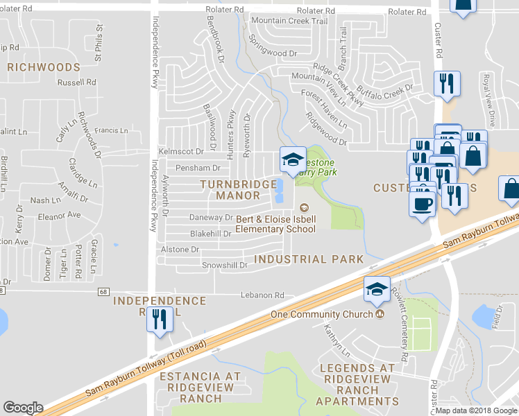 map of restaurants, bars, coffee shops, grocery stores, and more near 15102 Daneway Drive in Frisco