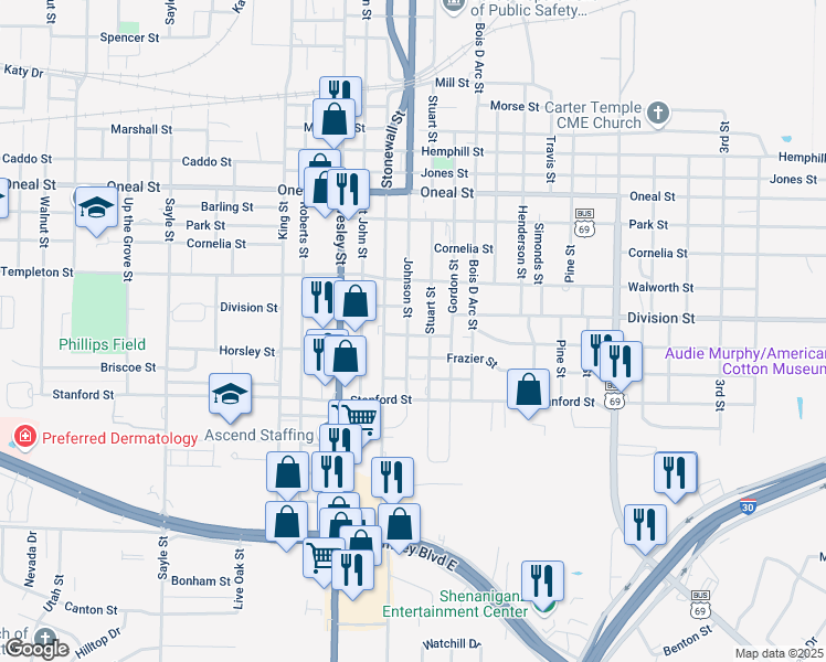 map of restaurants, bars, coffee shops, grocery stores, and more near 2412 Cleveland Street in Greenville