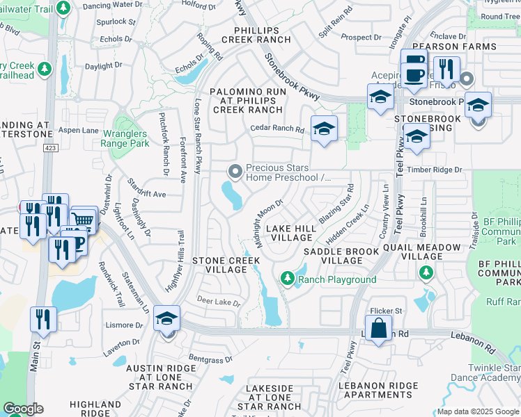map of restaurants, bars, coffee shops, grocery stores, and more near 5875 Midnight Moon Drive in Frisco