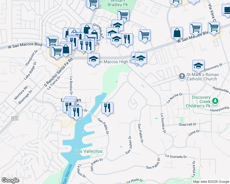 map of restaurants, bars, coffee shops, grocery stores, and more near 1933 San Pablo Drive in San Marcos
