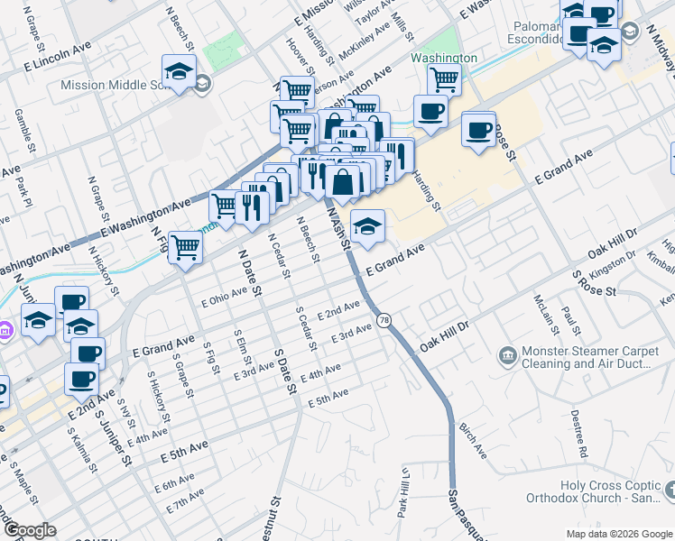 map of restaurants, bars, coffee shops, grocery stores, and more near 1152 East Grand Avenue in Escondido
