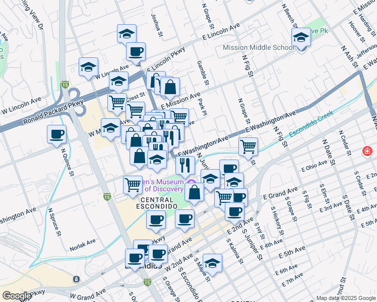 map of restaurants, bars, coffee shops, grocery stores, and more near 600 Waverly Place in Escondido