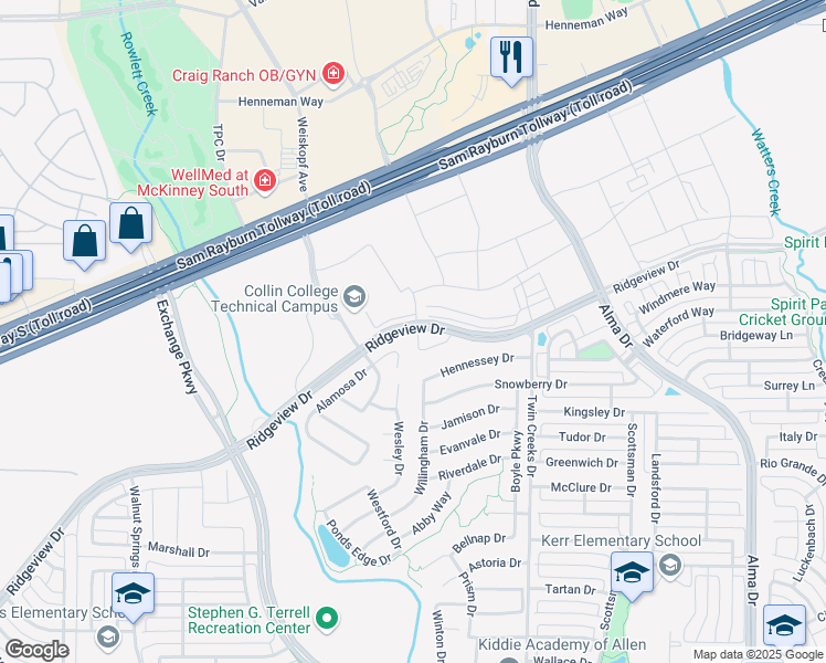 map of restaurants, bars, coffee shops, grocery stores, and more near 1529 Teresa Ann Lane in Allen