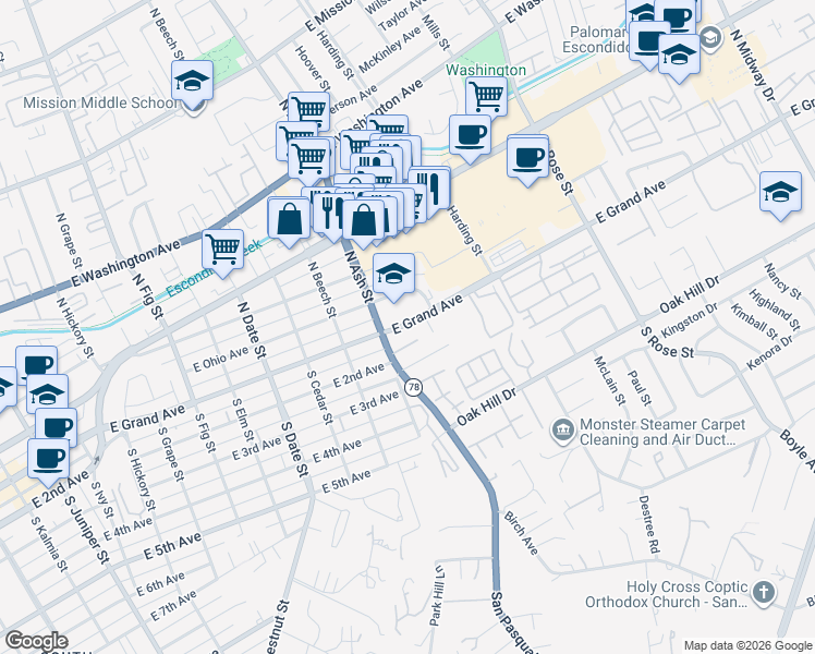map of restaurants, bars, coffee shops, grocery stores, and more near 110 North Ash Street in Escondido
