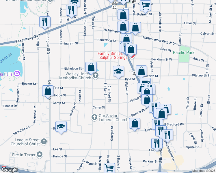 map of restaurants, bars, coffee shops, grocery stores, and more near 813 Cranford Street in Sulphur Springs
