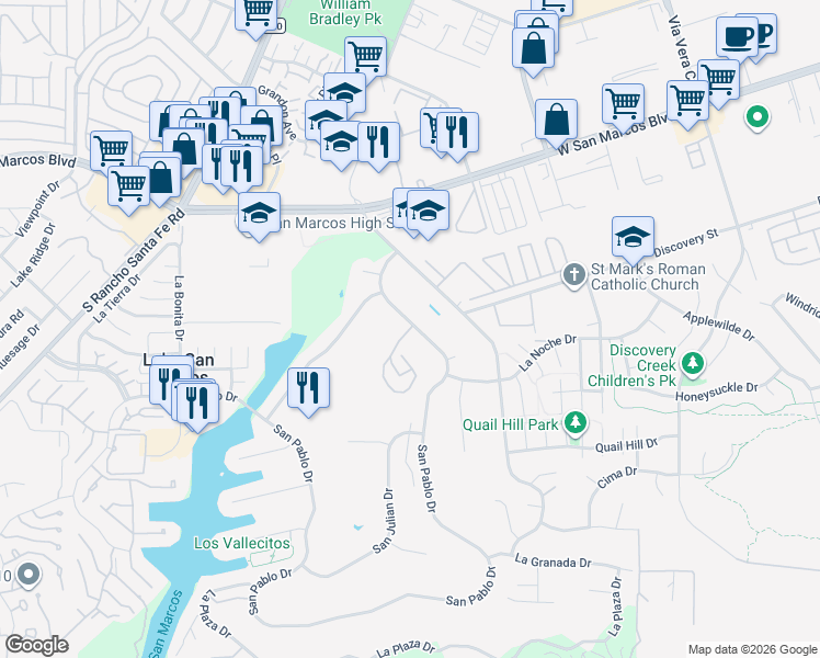 map of restaurants, bars, coffee shops, grocery stores, and more near 1820 Fairway Circle Drive in San Marcos