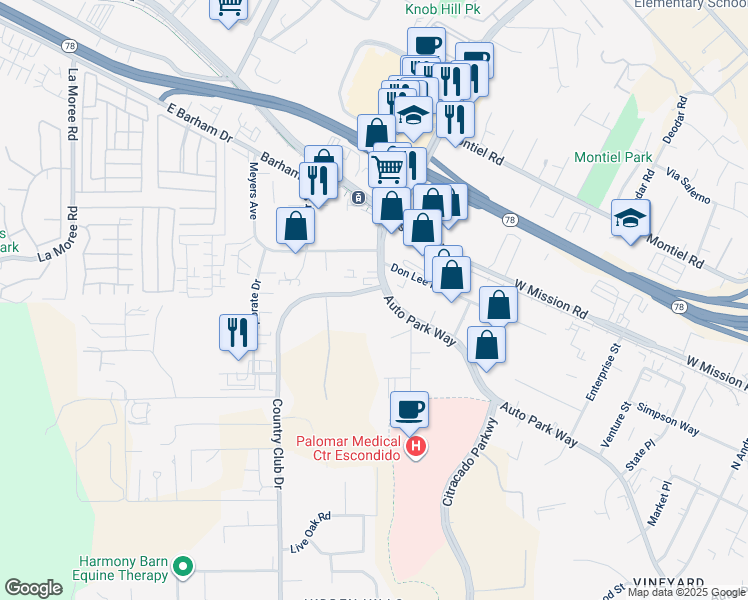 map of restaurants, bars, coffee shops, grocery stores, and more near 304 Country Club Drive in Escondido