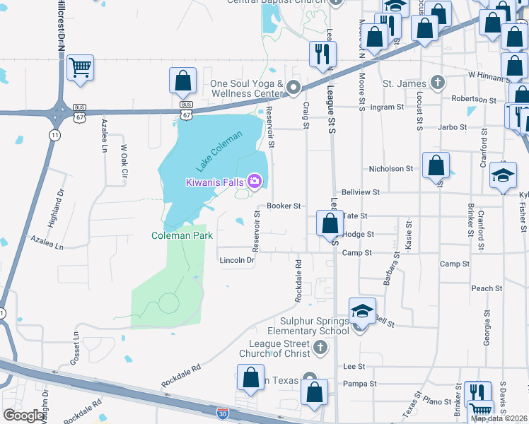 map of restaurants, bars, coffee shops, grocery stores, and more near 902 Booker Street in Sulphur Springs