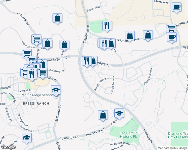 map of restaurants, bars, coffee shops, grocery stores, and more near 6180 Citracado Circle in Carlsbad