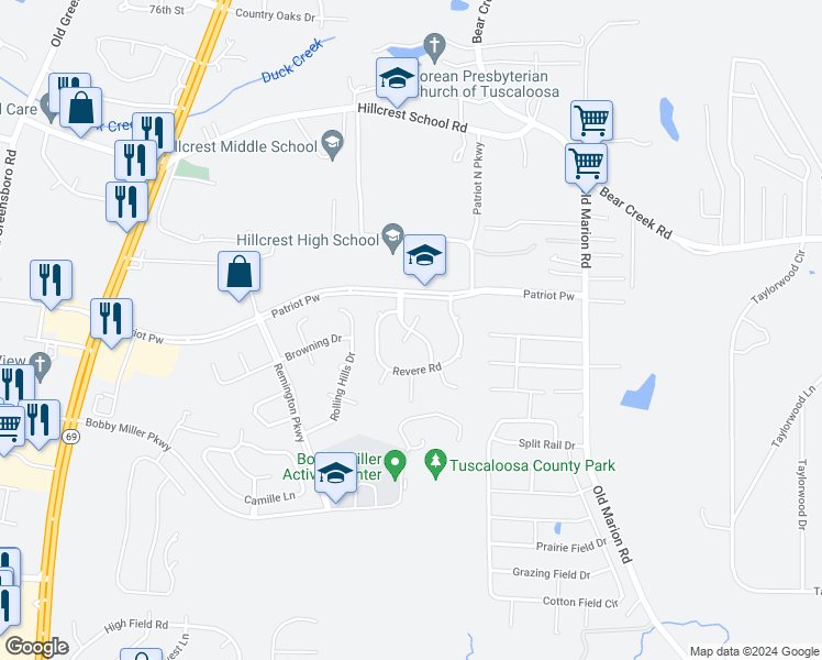 map of restaurants, bars, coffee shops, grocery stores, and more near 300 Cambridge Court in Tuscaloosa