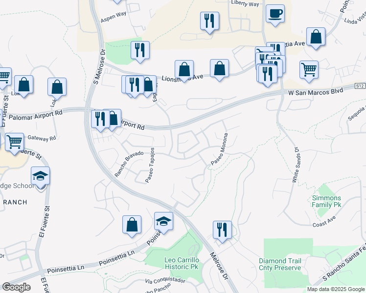 map of restaurants, bars, coffee shops, grocery stores, and more near 3201 Rancho Reata in Carlsbad