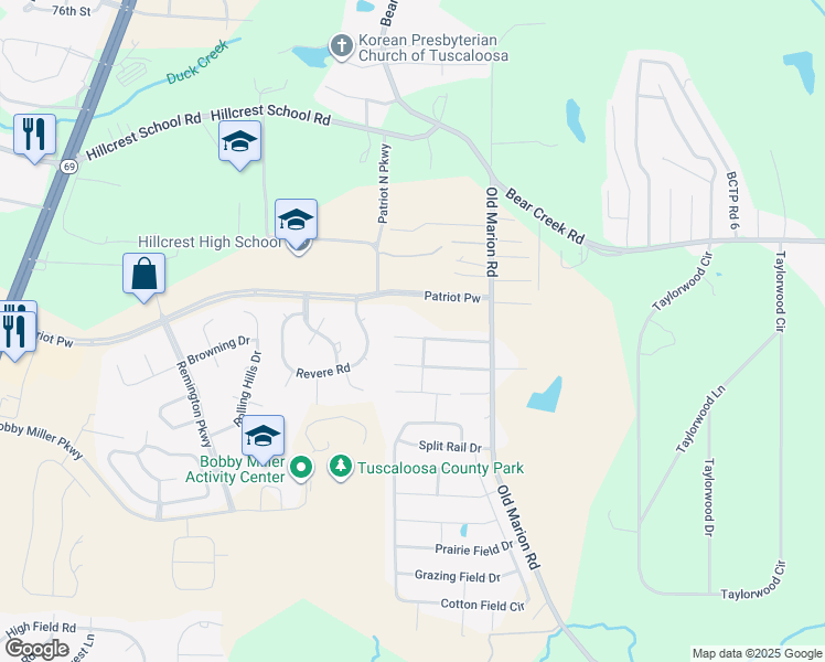 map of restaurants, bars, coffee shops, grocery stores, and more near 156 Roscommon Road in Tuscaloosa