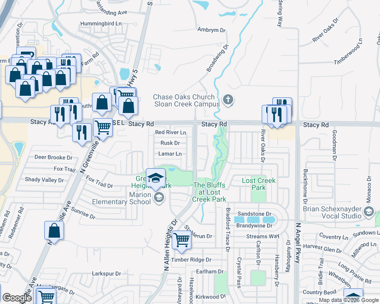 map of restaurants, bars, coffee shops, grocery stores, and more near 1720 Honey Creek Lane in Allen