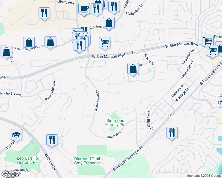 map of restaurants, bars, coffee shops, grocery stores, and more near 2122 Sun Valley Rd in San Marcos