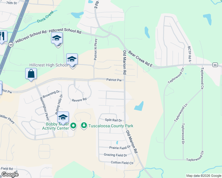 map of restaurants, bars, coffee shops, grocery stores, and more near 156 Roscommon Road in Tuscaloosa