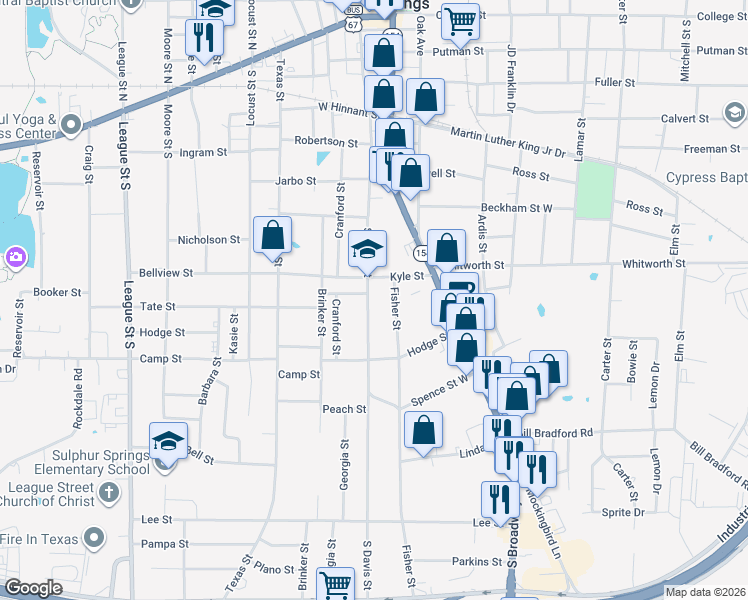 map of restaurants, bars, coffee shops, grocery stores, and more near 824 South Davis Street in Sulphur Springs