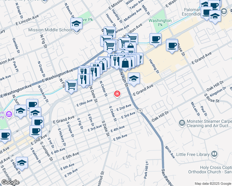 map of restaurants, bars, coffee shops, grocery stores, and more near 141 North Beech Street in Escondido