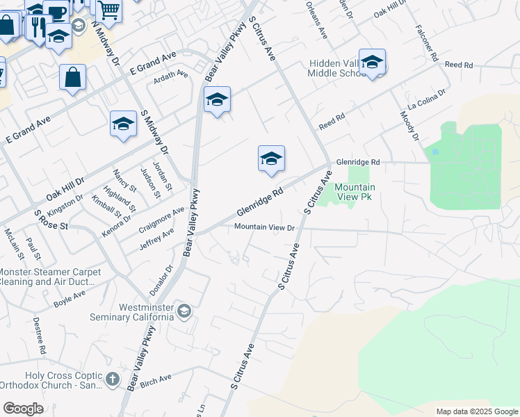 map of restaurants, bars, coffee shops, grocery stores, and more near 2113 Glenridge Road in Escondido
