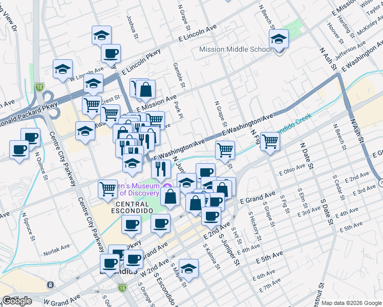 map of restaurants, bars, coffee shops, grocery stores, and more near 315 East Washington Avenue in Escondido