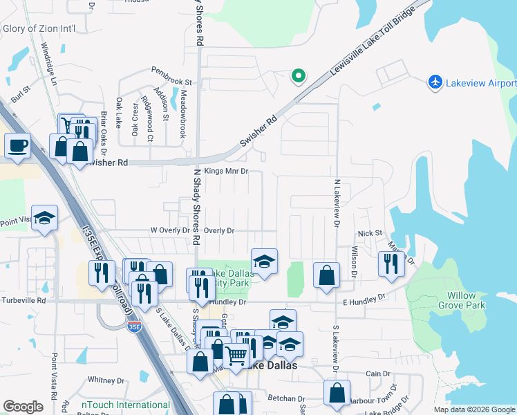 map of restaurants, bars, coffee shops, grocery stores, and more near 5413 King Manor Drive in Lake Dallas