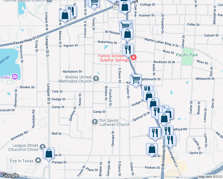 map of restaurants, bars, coffee shops, grocery stores, and more near 813 Cranford Street in Sulphur Springs