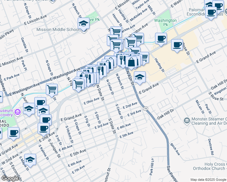 map of restaurants, bars, coffee shops, grocery stores, and more near 1004 East Ohio Avenue in Escondido
