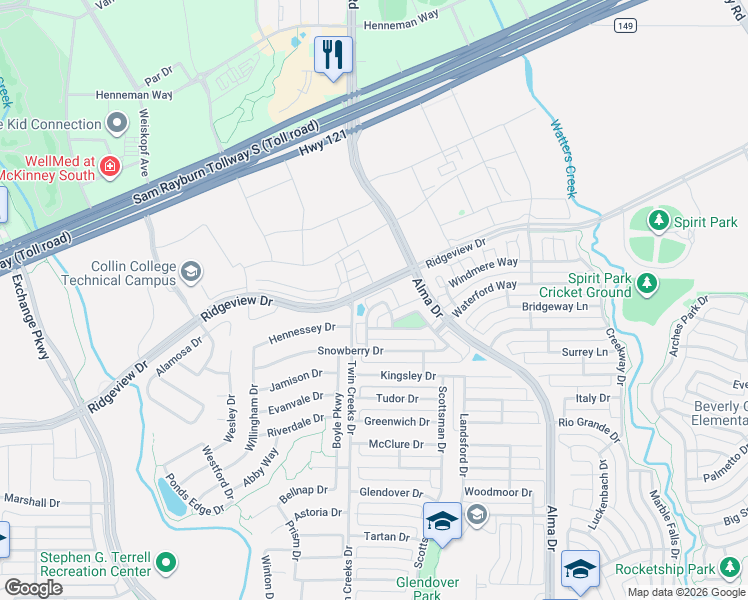 map of restaurants, bars, coffee shops, grocery stores, and more near 2005 Downing Street in Allen