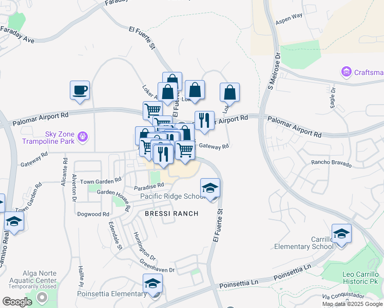 map of restaurants, bars, coffee shops, grocery stores, and more near El Fuerte Wilderness Path in Carlsbad