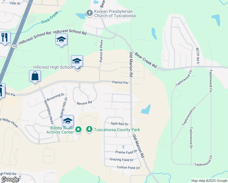 map of restaurants, bars, coffee shops, grocery stores, and more near 156 Roscommon Rd in Tuscaloosa