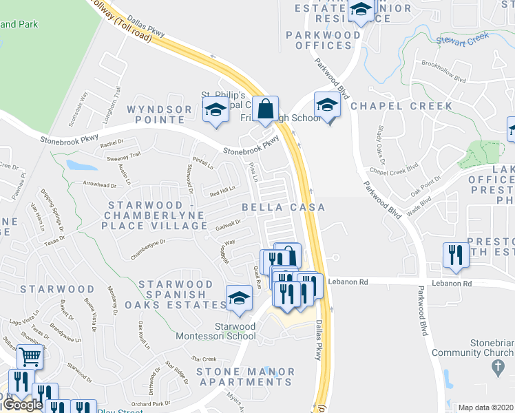 map of restaurants, bars, coffee shops, grocery stores, and more near 5717 Pisa Lane in Frisco