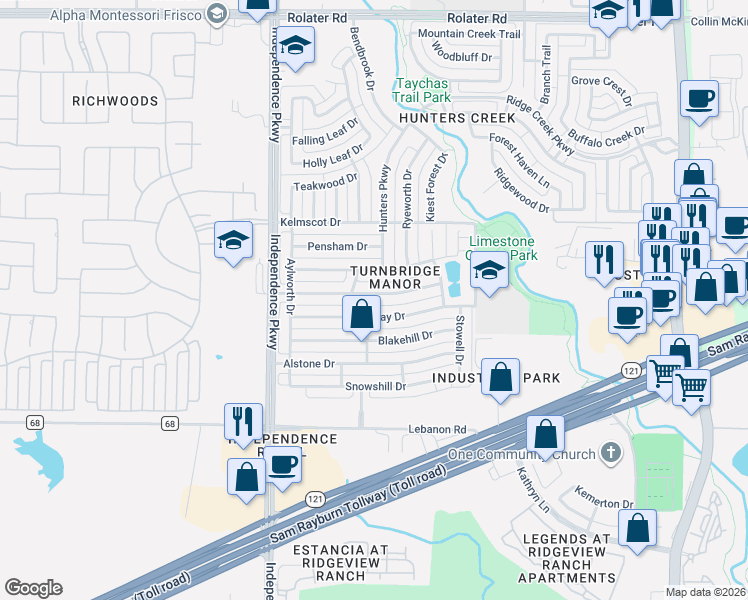 map of restaurants, bars, coffee shops, grocery stores, and more near 14811 Turnbridge Drive in Frisco